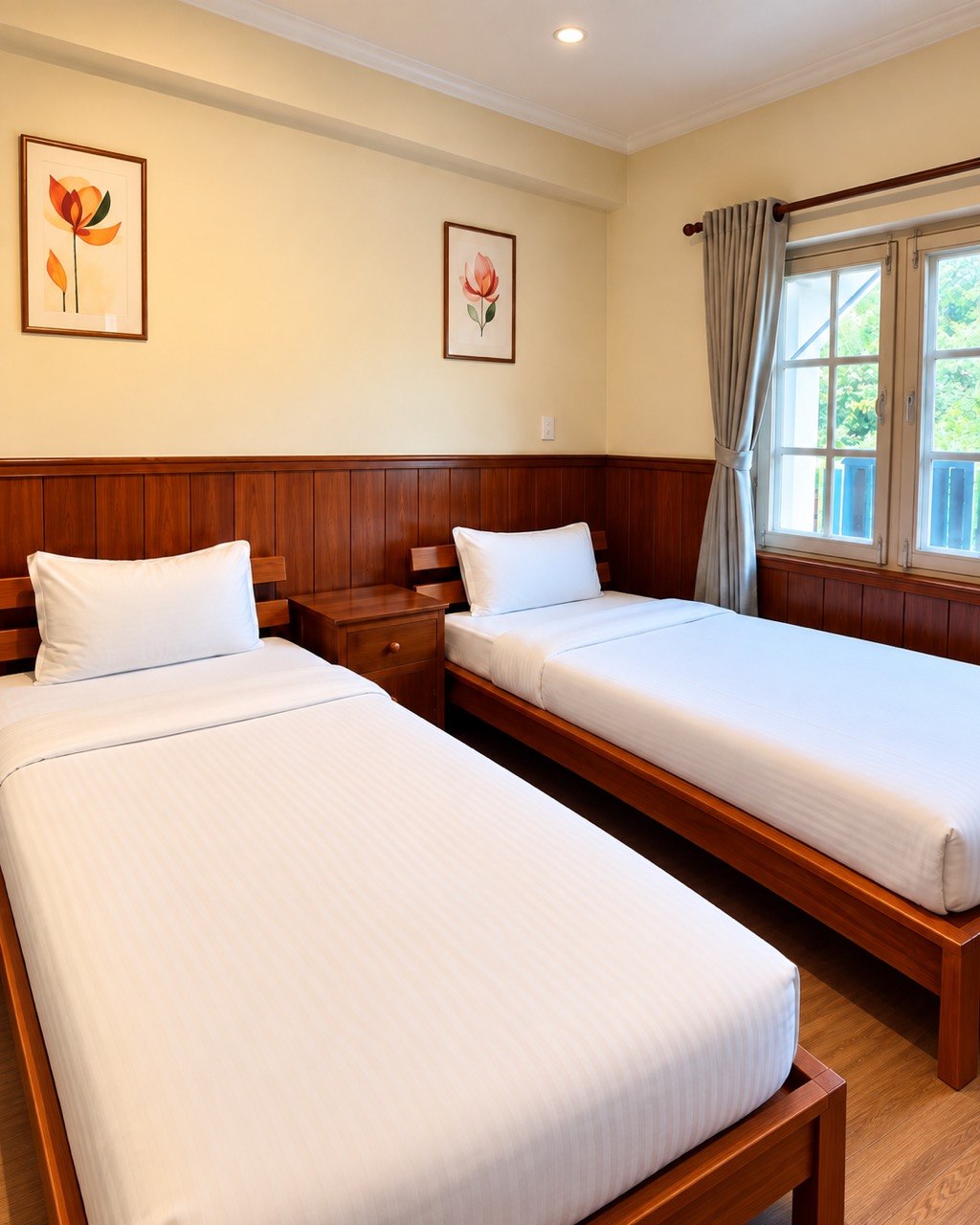 Standard Twin room with two single beds and a garden window