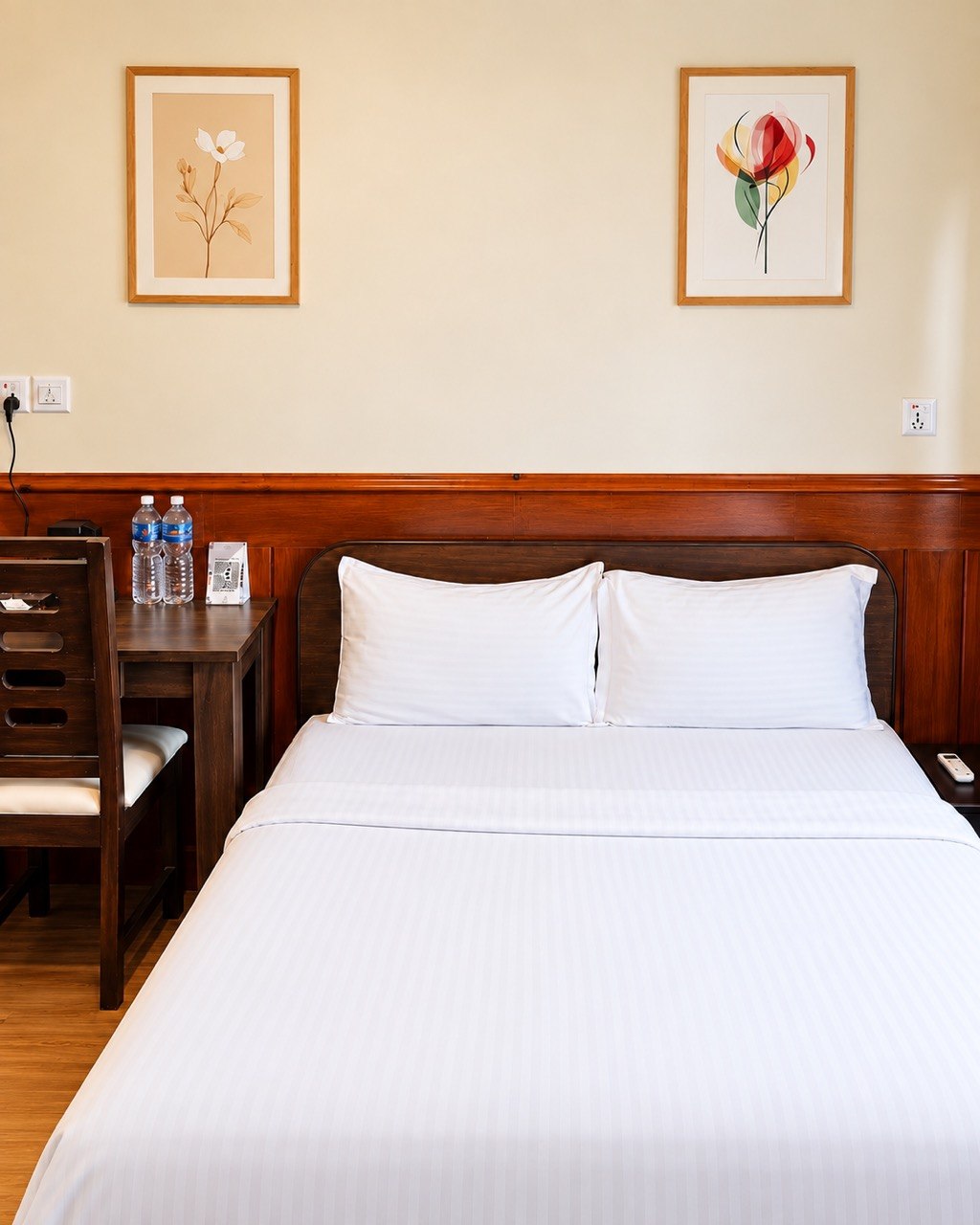 Queen bed with white linen